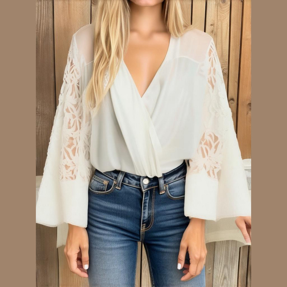 Honey Punch Vintage Lace Bell-Sleeve Top in white. Size Medium. - Picture 3 of 8